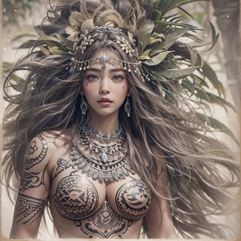 Polynesian sea、Hair blowing in the wind 、 ((highest quality、masterpiece、8k、Best image quality、Ultra-high resolution、Award-winning works)、(Accurate anatomy:1.1)、(Look at me and smile:1.0)、Shining fair skin with Ultra-high resolution、The most detailed face、Ultra-high resolution detailed face、Ultra-high resolutionの髪の毛、(Ultra-high resolution eye:1.1)、Beautiful face drawn in every detail、Polynesian full clothing, Chest to chest,  polynesian tattoo,  On the Polynesian canoes