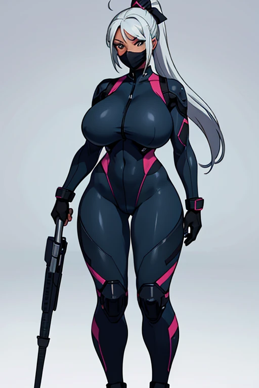 combatant girl, wide hips, full body, standing, revealing clothes, curvy, huge breasts, dark skin, silver hair, ponytail hairstyle, bodysuit, mask, hat, white background