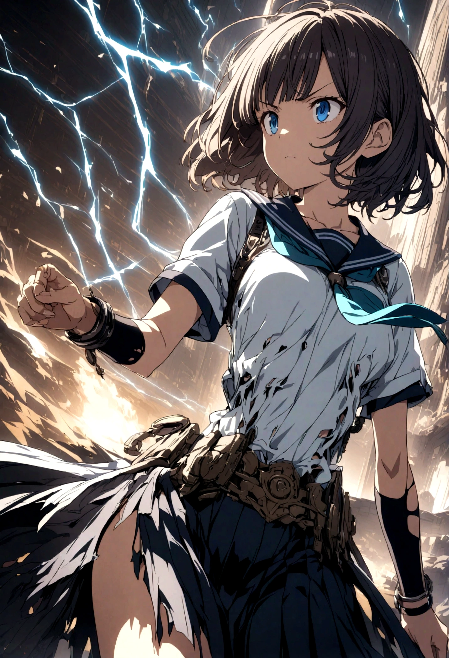 1girl, original, (solo:1.1), standing, raised fist,
surrounded by electricity, enveloped by electricity, dynamic scene,
cowboy shot,medium breasts, intricate dark brown hair, blue eyes,
(bob cut:1.1), (short hair:1.1), (blunt ends:1.2), blunt bangs,
left swept bangs, futuristic black bracelet on right wrist,
serious, determined, powerful, brave, dominant, v-shaped eyebrows,
serafuku, white sailor shirt, dark blue pleated skirt,
dark blue sailor collar, aqua neckerchief, short sleeves,
(torn clothes:1.2),.(torn shirt:1.1) showing the bra underneath,
(torn skirt:1.05), electricity, electricity on the bracelet,
glowing lines over body, lightning, (wind, whirlwind:1.2),
henshin, detailed ultra photorealistic plaza in Tokyo,
cinematic composition, epic composition, cinematic lighting,
outdoors, cinematic angle, great lighting, detailed shadows,
detailed body, anime artwork, anime style, key visual, vibrant,
studio anime, highly detailed, newest, late, anime coloring,
masterpiece, best quality, best aestethic,absurdres, 