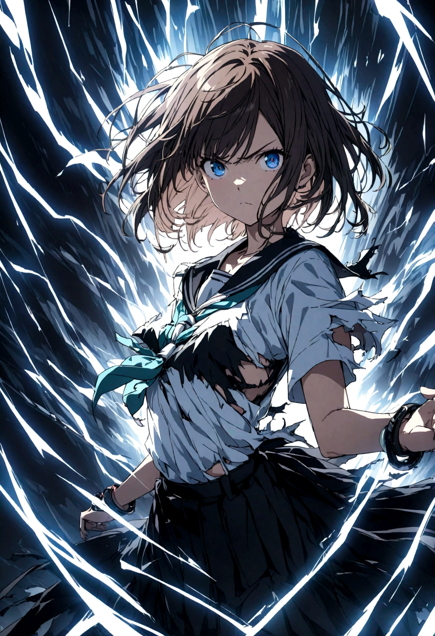 1girl, original, (solo:1.1), standing, raised fist,
surrounded by electricity, enveloped by electricity, dynamic scene,
cowboy shot,medium breasts, intricate dark brown hair, blue eyes,
(bob cut:1.1), (short hair:1.1), (blunt ends:1.2), blunt bangs,
left swept bangs, futuristic black bracelet on right wrist,
serious, determined, powerful, brave, dominant, v-shaped eyebrows,
serafuku, white sailor shirt, dark blue pleated skirt,
dark blue sailor collar, aqua neckerchief, short sleeves,
(torn clothes:1.2),.(torn shirt:1.1) showing the bra underneath,
(torn skirt:1.05), electricity, electricity on the bracelet,
glowing lines over body, lightning, (wind, whirlwind:1.2),
henshin, detailed ultra photorealistic plaza in Tokyo,
cinematic composition, epic composition, cinematic lighting,
outdoors, cinematic angle, great lighting, detailed shadows,
detailed body, anime artwork, anime style, key visual, vibrant,
studio anime, highly detailed, newest, late, anime coloring,
masterpiece, best quality, best aestethic,absurdres, 