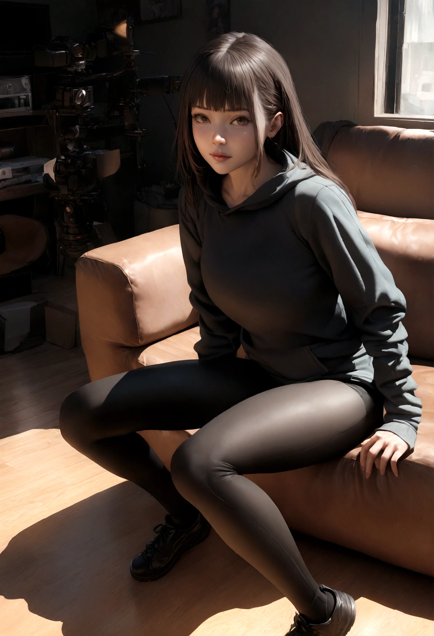 gorgeous young colombian woman, in her living room, on a sofa, wearing a legging and a sweatshirt, full body, beautiful face, masterpiece, best quality, ultra-detailed, solo, shadows, contrast, cinematic light, side lighting, ultra high resolution, best shadow, RAW, 4k, 85 mm, poca profundidad de campo, Kodak Vision Color, extrem adamente detallado, Cinematographer_\(ultra\), photorealistic, Realstic, Postproceso, Maximum details, asper eza, vida real, ultra realista, fotorrealismo, Cinematographer, 8k UHD, Cinematographer
