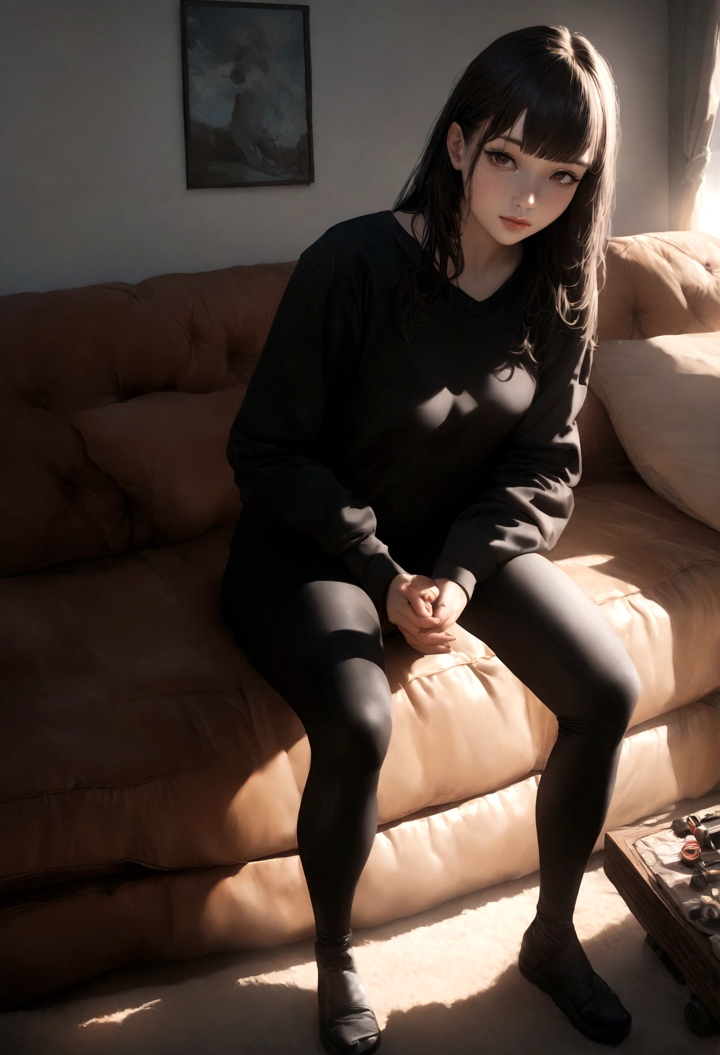 gorgeous young colombian woman, in her living room, on a sofa, wearing a legging and a sweatshirt, full body, beautiful face, masterpiece, best quality, ultra-detailed, solo, shadows, contrast, cinematic light, side lighting, ultra high resolution, best shadow, RAW, 4k, 85 mm, poca profundidad de campo, Kodak Vision Color, extrem adamente detallado, Cinematographer_\(ultra\), photorealistic, Realstic, Postproceso, Maximum details, asper eza, vida real, ultra realista, fotorrealismo, Cinematographer, 8k UHD, Cinematographer
