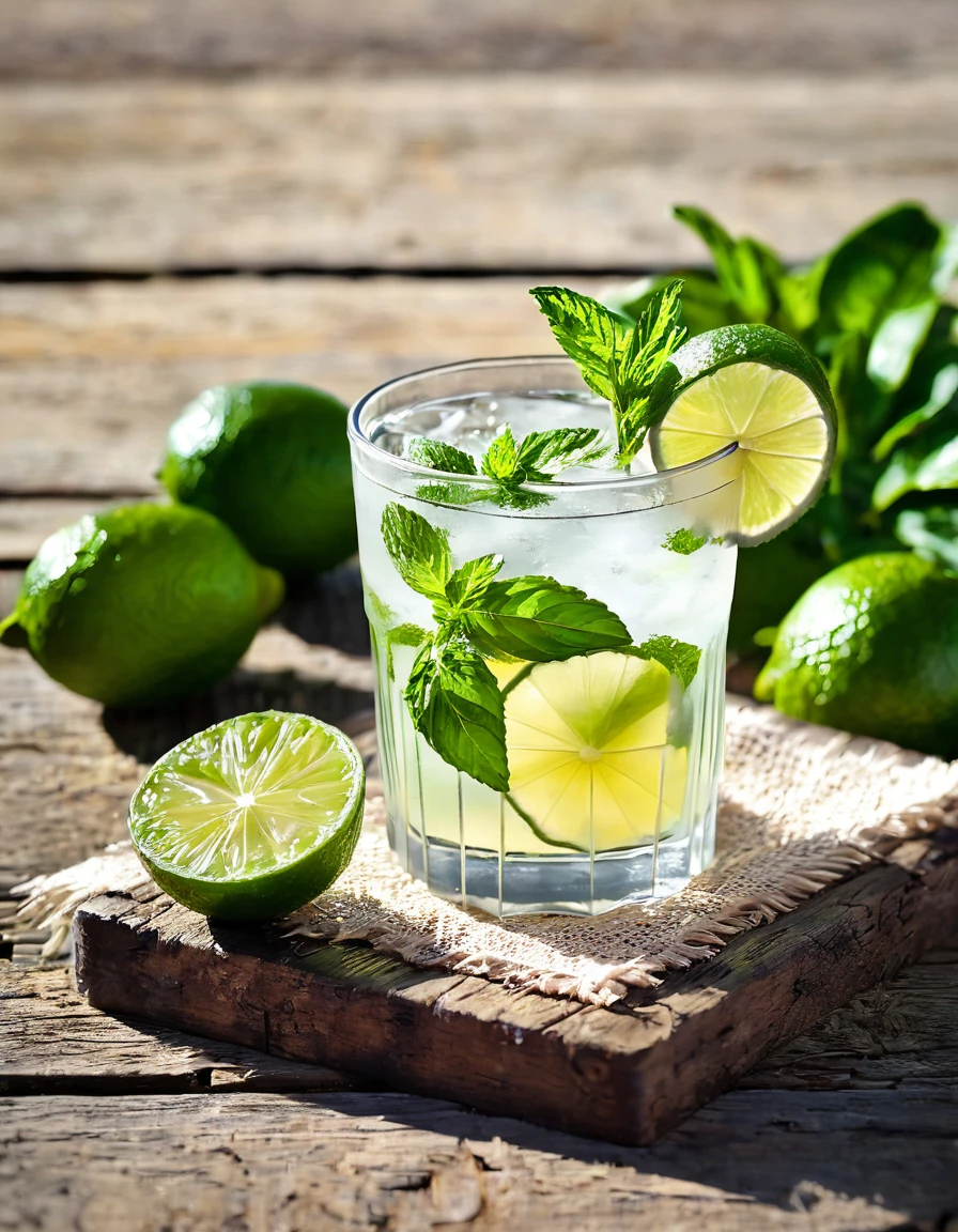 Capture the essence of summer happiness: a refreshing Mojito bathed in sunlight on a rustic wooden table, evoking feelings of joy and contentment.