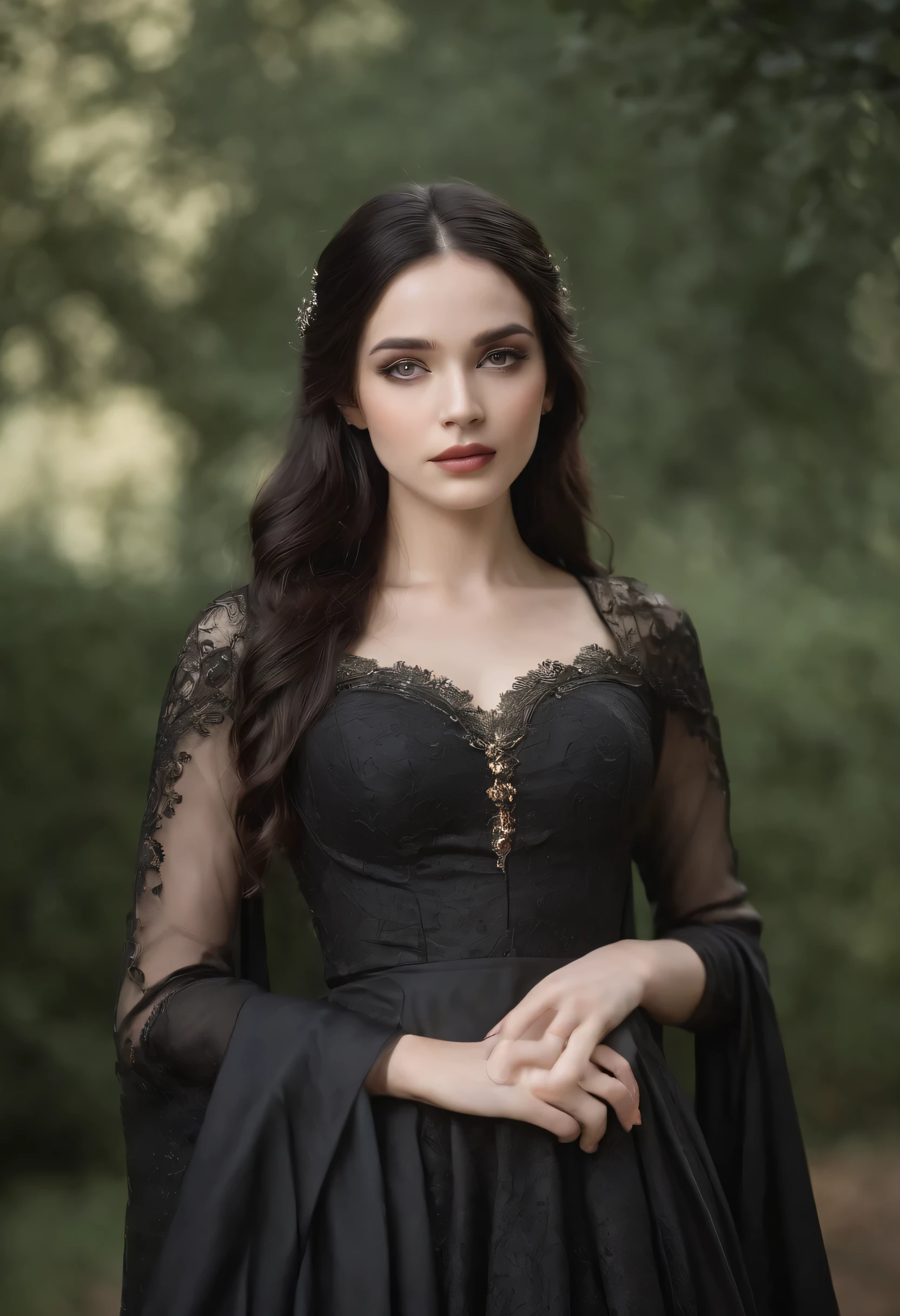 a highly realistic full body image of a young, cute, and youthful gothic princess. She has long, straight black hair and striking grey eyes. Her facial features are delicate and charming, with a soft, youthful glow. She is dressed in elaborate royal gothic fashion, including a luxurious black dress adorned with intricate lace and ornate detailing. The dress is form-fitting around her waist, subtly revealing her soft abs. She has a modest C cup bust, enhancing her elegant silhouette. The overall style should blend royal sophistication with a gothic aesthetic, creating a visually captivating and detailed image.