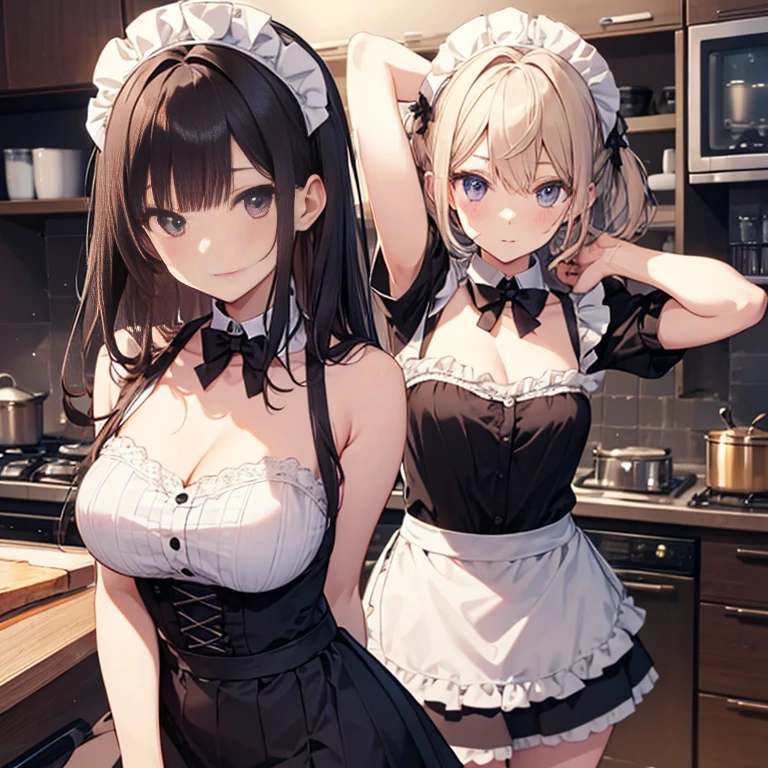 A maids, (in kitchen), various hair styles, night, details face, short skirt, seducing, sleeveless, maid uniform, armpits