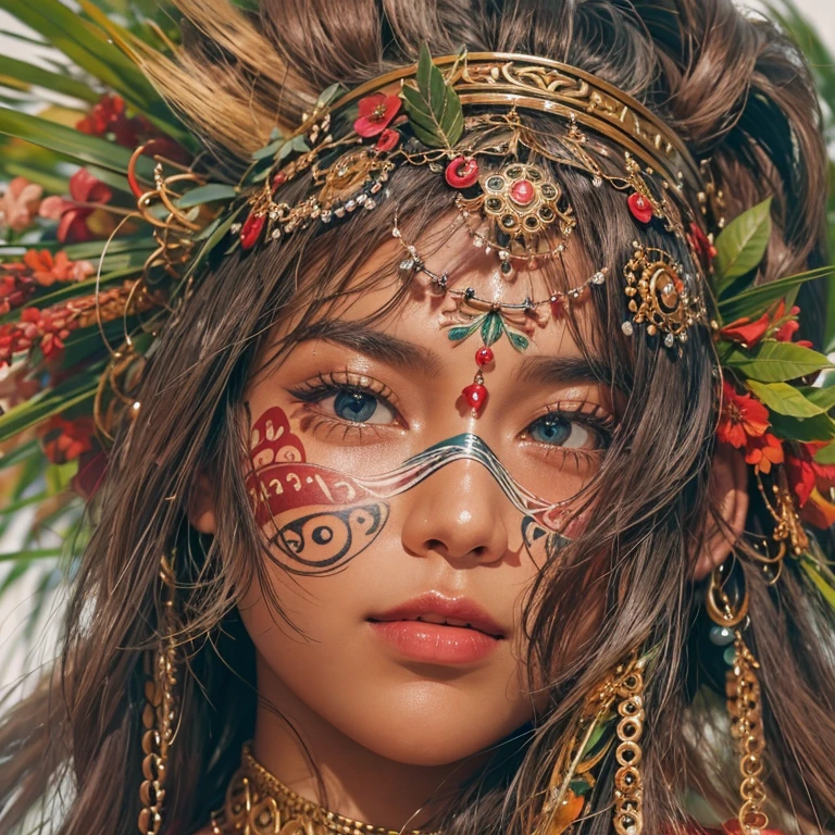Polynesian Sea、Hair blowing in the wind 、 ((highest quality、masterpiece、8k、Best image quality、Ultra-high resolution、Award-winning works)、(Accurate anatomy:1.1)、(Look at me and smile:1.0)、Shining fair skin with Ultra-high resolution、The most detailed face、Ultra-high resolution detailed face、Ultra-high resolutionの髪の毛、(Ultra-high resolution eye:1.1)、Beautiful face drawn in every detail、Polynesian Costume, Chest to chest, Polynesian Tattoo, Polynesian canoe