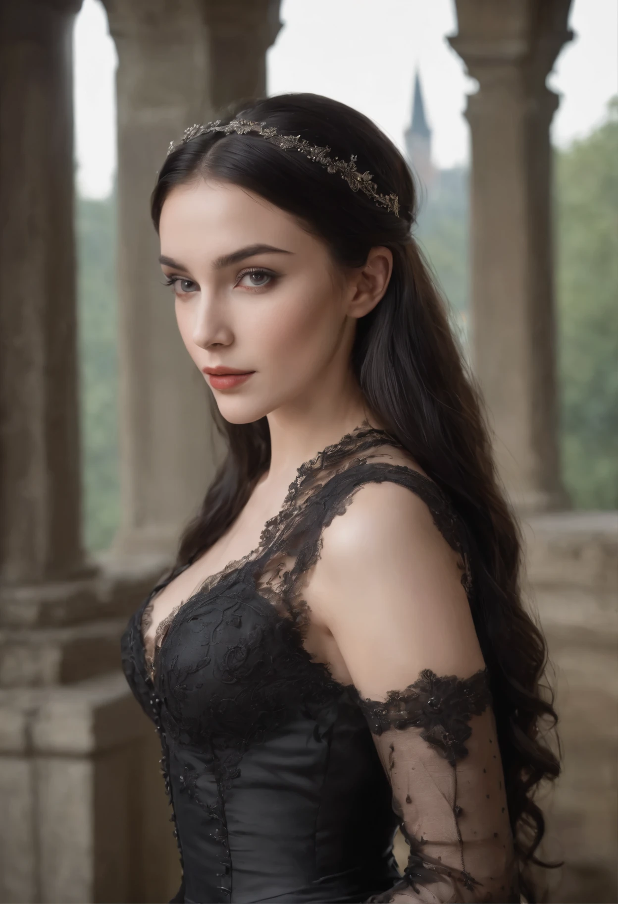 a highly realistic full body image of a young, cute, and youthful gothic princess. She has long, straight black hair and striking grey eyes. Her facial features are delicate and charming, with a soft, youthful glow. She is dressed in elaborate royal gothic fashion, including a luxurious black dress adorned with intricate lace and ornate detailing. The dress is form-fitting around her waist, subtly revealing her soft abs. She has a modest C cup bust, enhancing her elegant silhouette. The overall style should blend royal sophistication with a gothic aesthetic, creating a visually captivating and detailed image.
