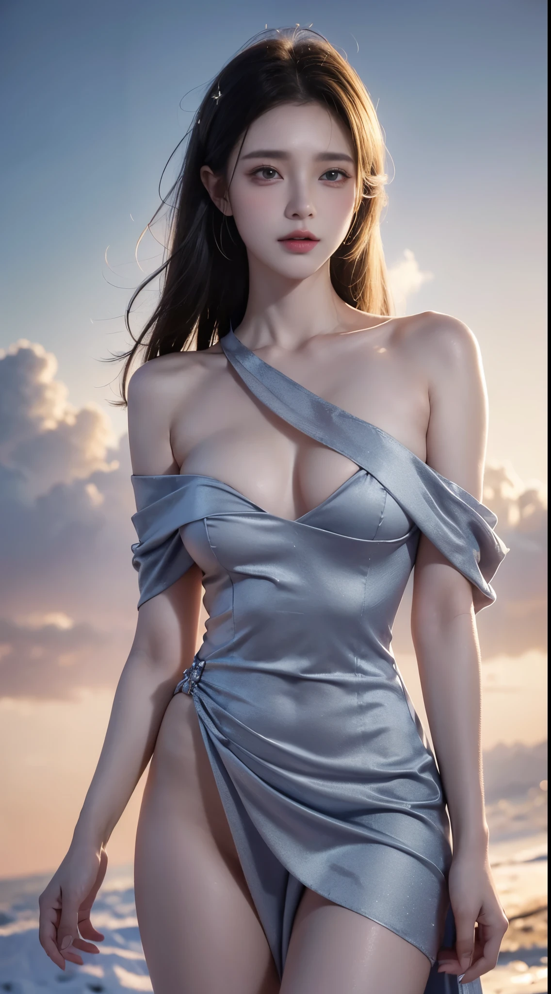 long dress,short dress, ((cowboy shot)), ((Bare shoulder)), ((Short hemlines, sexy long legs)), realistic detailed photo of a giant breasted girl with exposed shoulders, detailed fingers, high quality skin, red eyes, alone in a winter scene with clouds, wind, and flowing hair, (best quality,4k,8k,highres,masterpiece:1.2),ultra-detailed,(realistic,photorealistic,photo-realistic:1.37),studio lighting,vivid colors