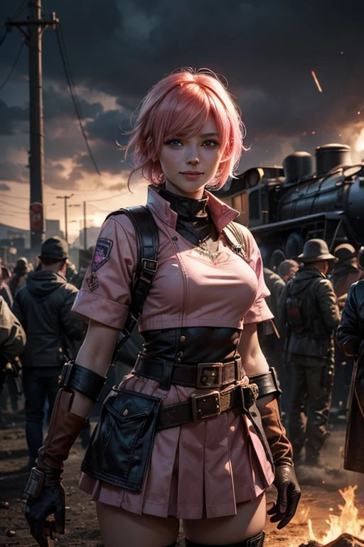 1girl,cowboy shot, beautiful nora_valkyrie, looking at viewer, smile, short hair, blue eyes,heart design on t-shirt, gloves, jacket, pink skirt, pink belt, short sleeves, puffy sleeves, single armband, fingerless gloves, short hair, orange hair, pink gloves, dynamic pose, night, lightning, standing near old steam train, rain, post-apocalypse, dystopian future, crowd, (crowd in military uniforms), bonfires, (volumetric lighting), best quality, masterpiece, intricate details, tonemapping, sharp focus, hyper detailed, trending on Artstation,