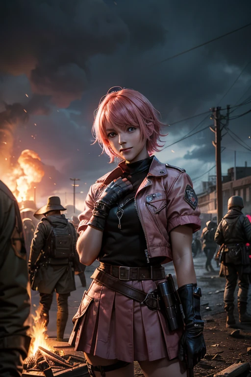 1girl,cowboy shot, beautiful nora_valkyrie, looking at viewer, smile, short hair, blue eyes,heart design on t-shirt, gloves, jacket, pink skirt, pink belt, short sleeves, puffy sleeves, single armband, fingerless gloves, short hair, orange hair, pink gloves, dynamic pose, night, lightning, standing near old steam train, rain, post-apocalypse, dystopian future, crowd, (crowd in military uniforms), bonfires, (volumetric lighting), best quality, masterpiece, intricate details, tonemapping, sharp focus, hyper detailed, trending on Artstation,