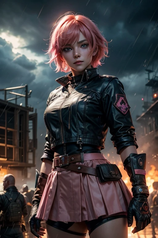 1girl,cowboy shot, beautiful nora_valkyrie, looking at viewer, smile, short hair, blue eyes,heart design on t-shirt, gloves, jacket, pink skirt, pink belt, short sleeves, puffy sleeves, single armband, fingerless gloves, short hair, orange hair, pink gloves, dynamic pose, night, lightning, standing near old steam train, rain, post-apocalypse, dystopian future, crowd, (crowd in military uniforms), bonfires, (volumetric lighting), best quality, masterpiece, intricate details, tonemapping, sharp focus, hyper detailed, trending on Artstation,
