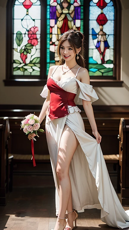 highest quality, Realistic, Very detailed, finely, High resolution, 8k wallpaper, Beautiful woman,, Brown hair short ponytail, (Red and white shot-Todres), Perfect dynamic composition, finelyて美しい目, Ample breasts, Realistic , smile, Model Body Type、Earrings,garnet necklace,tiara,(Holding a bouquet),Beautiful feet,(Church with beautiful stained glass),Full Body Shot:1.3,Smile and laugh,