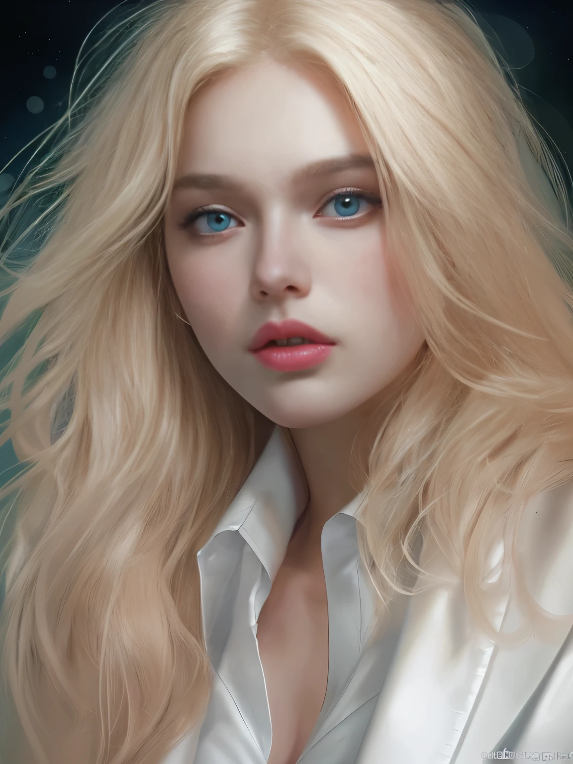 (One Girl),masterpiece, highest quality, (alone focus), (Perfect Face:1.1), (High detail:1.1), (Ultra-detailed eyes), dramatic, 1 person, (Pale skin), Long Blonde Hair, Psychic Eyes, (Thin eyebrows), alone, Long Hair, Jordan Barrett, moon, night, White luxury suit, Covered nave, Pouting, fur, Proud look, Beach, Detailed Background, Art by artgerm, Cinema Lighting, rose, fashion, Balenciaga Style, Big firm bouncing Breasts
