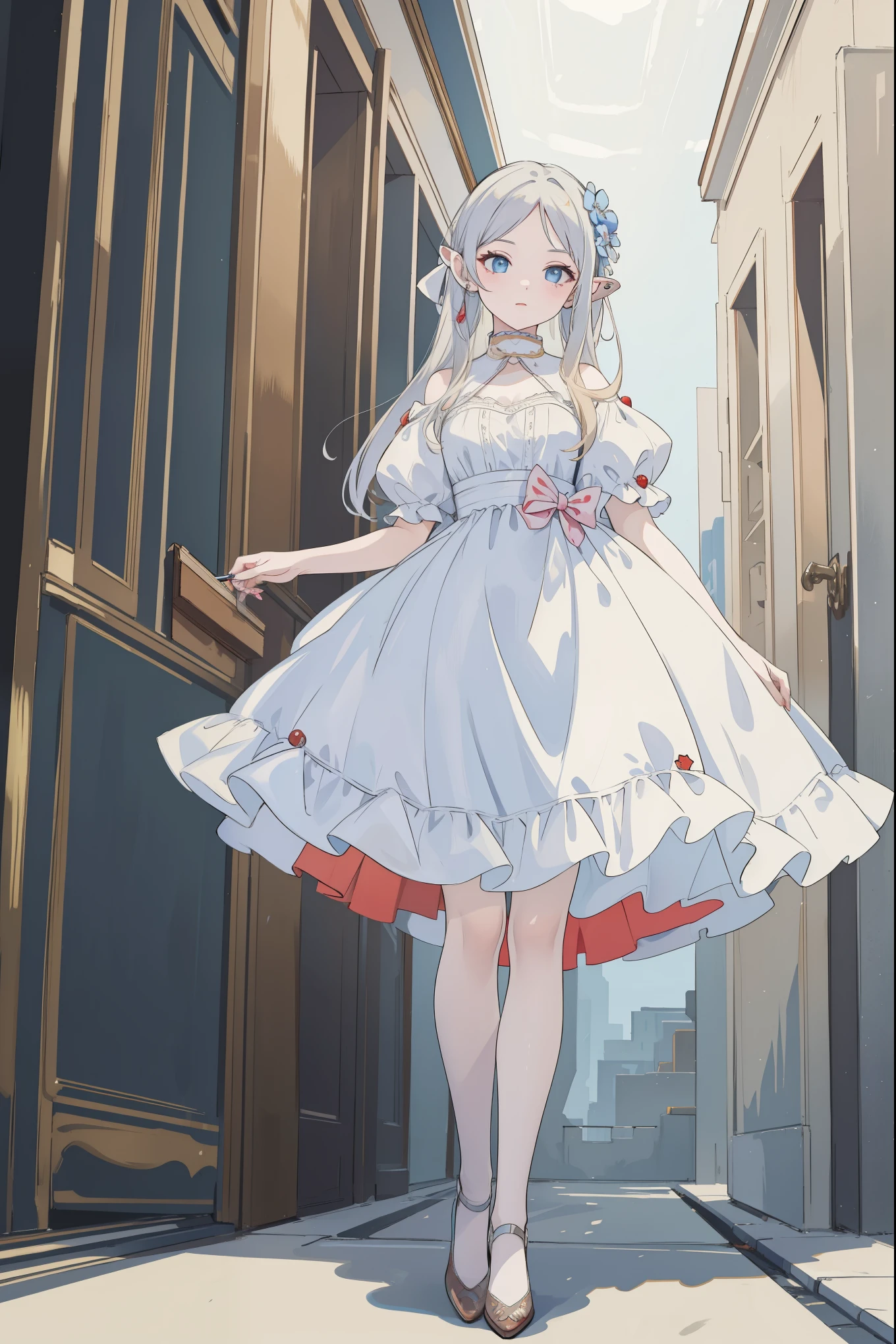 (masterpiece), best quality, Express, (Full body painting), ((It&#39;s a perfect face)),1 girl solitary, ((Eyes pursuing perfect details:1.3)), solitary, Friland, (long gray hair), Pointed ears, Like a gem, earrings, Dress, Princess dress, Ruffles,Miss,solitary, Standing among blue flowers，grassland, (Blue sky and white clouds:1.3), high resolution, looking at the audience, (32k wallpaper)