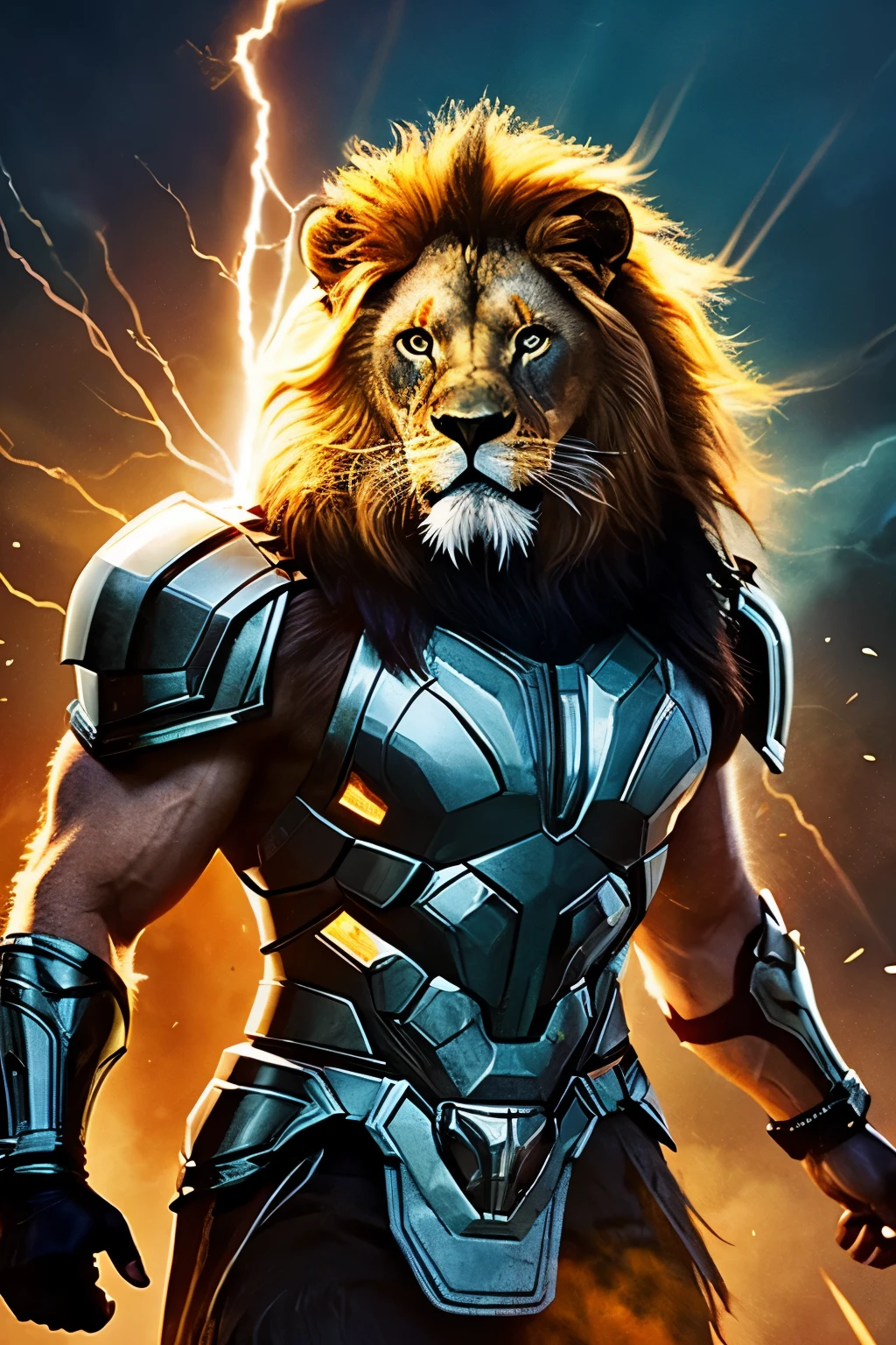 A lion body with the power of thor the god of thunder