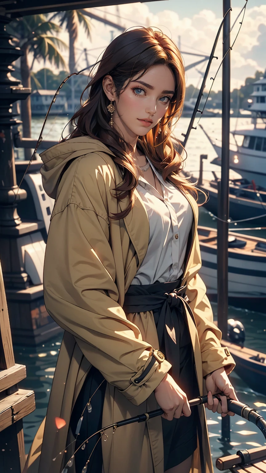 (masterpiece:1.2), highest quality, Beautiful female fisherman photo, Redhead, 40 years old, Wearing a yellow raincoat, (On a fishing boat:1.3), Dark Clouds, PhotoRealistic, HyperRealistic, Ultra-detailed, Analog Style, bent at the waist, Modest, Low Cut, Detailed skin, Matte skin, Soft lighting, Scattered beneath the surface, Realistic, Dark Shadows, masterpiece, highest quality, ultra Realistic, 8k, Golden Ratio, complicated, High detail, Film Photography, Soft Focus