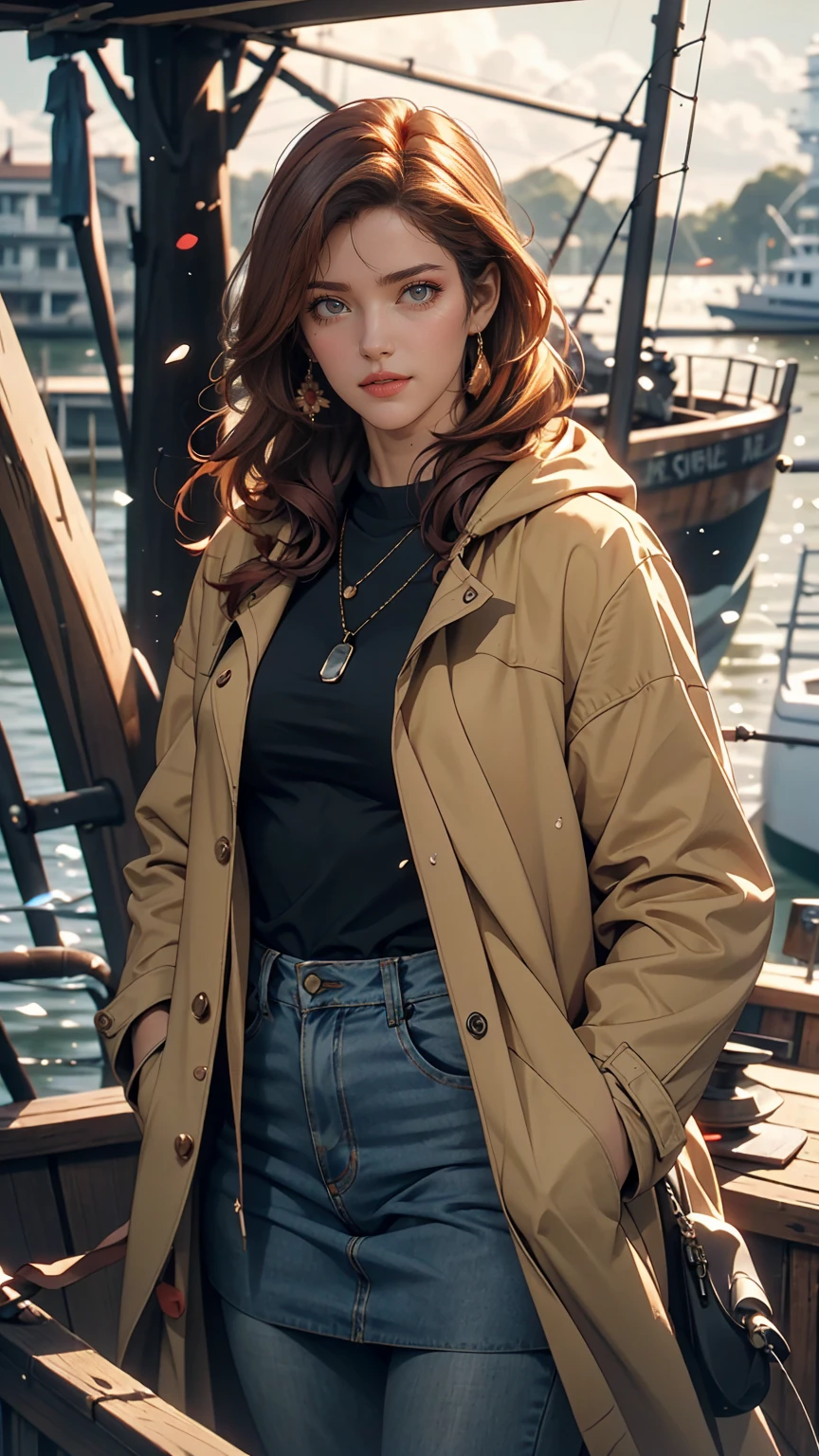 (masterpiece:1.2), highest quality, Beautiful female fisherman photo, Redhead, 40 years old, Wearing a yellow raincoat, (On a fishing boat:1.3), Dark Clouds, PhotoRealistic, HyperRealistic, Ultra-detailed, Analog Style, bent at the waist, Modest, Low Cut, Detailed skin, Matte skin, Soft lighting, Scattered beneath the surface, Realistic, Dark Shadows, masterpiece, highest quality, ultra Realistic, 8k, Golden Ratio, complicated, High detail, Film Photography, Soft Focus