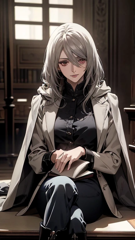 Detailed, Elegant woman with long, tousled silver hair, deep crimson eyes, Put on your boots, long coat with hood, Black trousers, And a black and white pilot suit, with , 24-years-old, Beautiful adult woman, thin, Calm, Composed, with slight smile, sitting cross-legged with a book in hand, In a library environment (highest quality,4K,8k,High resolution,masterpiece:1.2),Super detailed,(Realistic,photoRealistic,photo-Realistic:1.37),Intricate details,Dramatic lighting,Cinematic,Gloomy atmosphere,Calm colors,Soft Focus