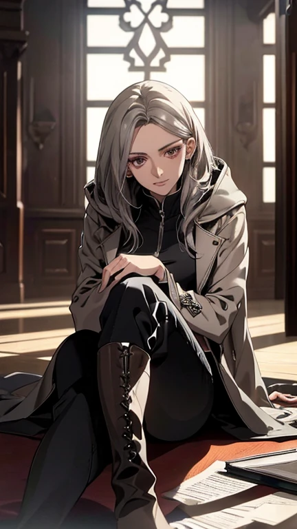 Detailed, Elegant woman with long, tousled silver hair, deep crimson eyes, Put on your boots, long coat with hood, Black trousers, And a black and white pilot suit, with , 24-years-old, Beautiful adult woman, thin, Calm, Composed, with slight smile, sitting cross-legged with a book in hand, In a library environment (highest quality,4K,8k,High resolution,masterpiece:1.2),Super detailed,(Realistic,photoRealistic,photo-Realistic:1.37),Intricate details,Dramatic lighting,Cinematic,Gloomy atmosphere,Calm colors,Soft Focus