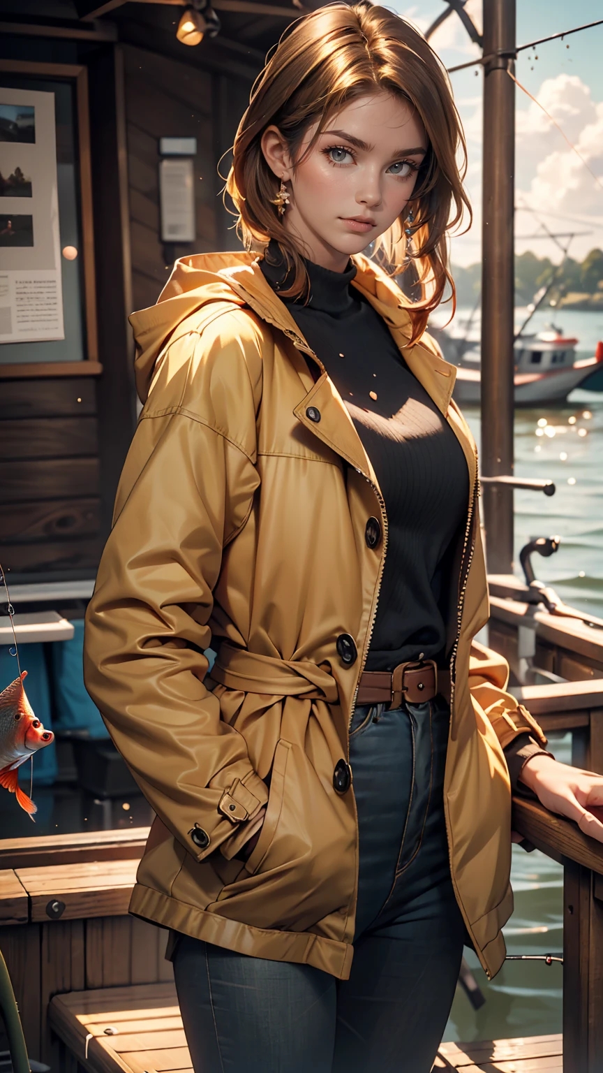 (masterpiece:1.2), highest quality, Beautiful female fisherman photo, Redhead, 40 years old, Wearing a yellow raincoat, (On a fishing boat:1.3), Dark Clouds, PhotoRealistic, HyperRealistic, Ultra-detailed, Analog Style, bent at the waist, Modest, Low Cut, Detailed skin, Matte skin, Soft lighting, Scattered beneath the surface, Realistic, Dark Shadows, masterpiece, highest quality, ultra Realistic, 8k, Golden Ratio, complicated, High detail, Film Photography, Soft Focus