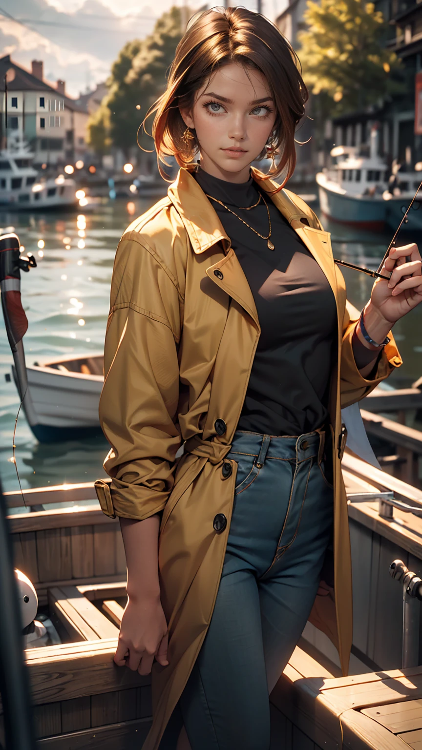 (masterpiece:1.2), highest quality, Beautiful female fisherman photo, Redhead, 40 years old, Wearing a yellow raincoat, (On a fishing boat:1.3), Dark Clouds, PhotoRealistic, HyperRealistic, Ultra-detailed, Analog Style, bent at the waist, Modest, Low Cut, Detailed skin, Matte skin, Soft lighting, Scattered beneath the surface, Realistic, Dark Shadows, masterpiece, highest quality, ultra Realistic, 8k, Golden Ratio, complicated, High detail, Film Photography, Soft Focus