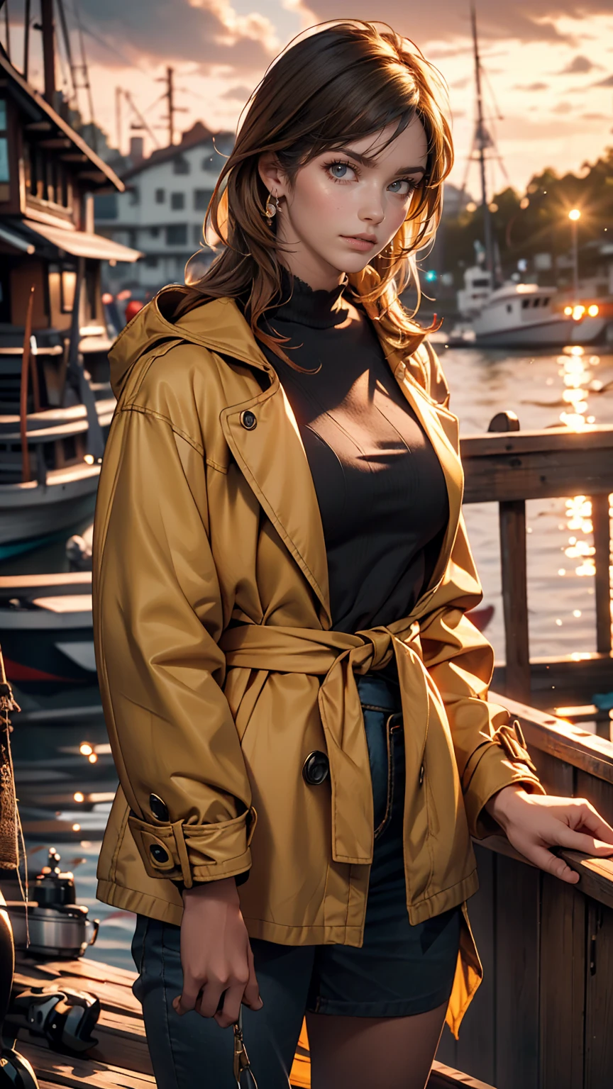 (masterpiece:1.2), highest quality, Beautiful female fisherman photo, Redhead, 40 years old, Wearing a yellow raincoat, (On a fishing boat:1.3), Dark Clouds, PhotoRealistic, HyperRealistic, Ultra-detailed, Analog Style, bent at the waist, Modest, Low Cut, Detailed skin, Matte skin, Soft lighting, Scattered beneath the surface, Realistic, Dark Shadows, masterpiece, highest quality, ultra Realistic, 8k, Golden Ratio, complicated, High detail, Film Photography, Soft Focus