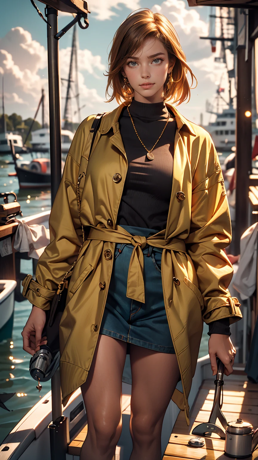 (masterpiece:1.2), highest quality, Beautiful female fisherman photo, Redhead, 40 years old, Wearing a yellow raincoat, (On a fishing boat:1.3), Dark Clouds, PhotoRealistic, HyperRealistic, Ultra-detailed, Analog Style, bent at the waist, Modest, Low Cut, Detailed skin, Matte skin, Soft lighting, Scattered beneath the surface, Realistic, Dark Shadows, masterpiece, highest quality, ultra Realistic, 8k, Golden Ratio, complicated, High detail, Film Photography, Soft Focus