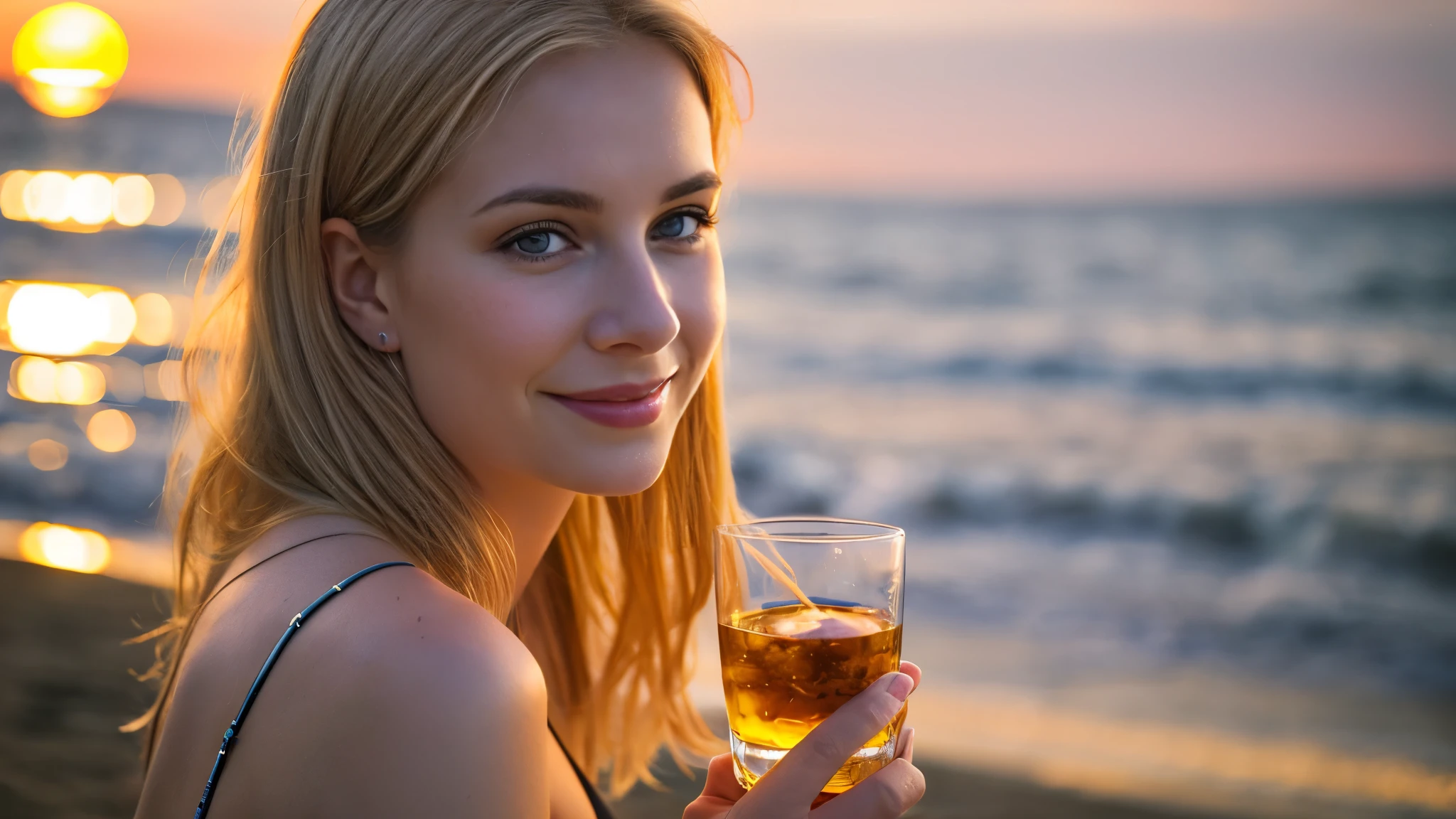 Beautiful blonde in a black bikini (Holding a glass of whiskey by the beach at sunset),Looking into the distance,Very detailed, 21 years old, Innocent face, Naturally Wavy Hair, blue eyes, High resolution, masterpiece, highest quality, Intricate details, Very detailed, Clear focus, Delicate skin, practical skin texture, texture, Delicate eyes, Professional, 4K, Cute Smile, Shot with Canon, 85mm, Shallow and deep, Kodak Vision Color, Exactly, Very detailed, photograph_\(Extremist\), photographpractical, practical, Post-processing, Maximum details, Roughness, Real Life, Extremist practical, Photorealism, photographgraphy, 8K Ultra HD, photographgraphy