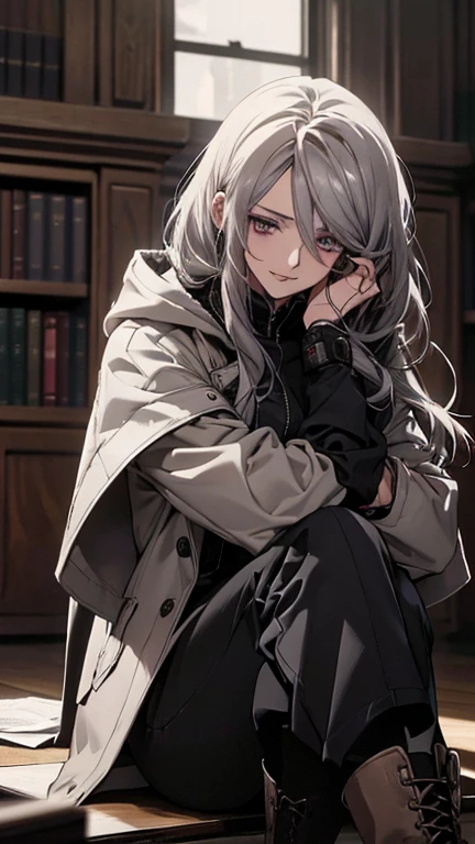 a detailed, high-quality woman with disheveled silver hair and long locks, deep crimson eyes, wearing boots, a hooded long coat, black pants, and a black and white pilot suit, with a , 24 years old, a beautiful adult woman, thin, serene, composed, with a slight smile, sitting cross-legged and holding a book, in a library setting (best quality,4k,8k,highres,masterpiece:1.2),ultra-detailed,(realistic,photorealistic,photo-realistic:1.37),intricate details,dramatic lighting,cinematic,moody atmosphere,muted colors,soft focus