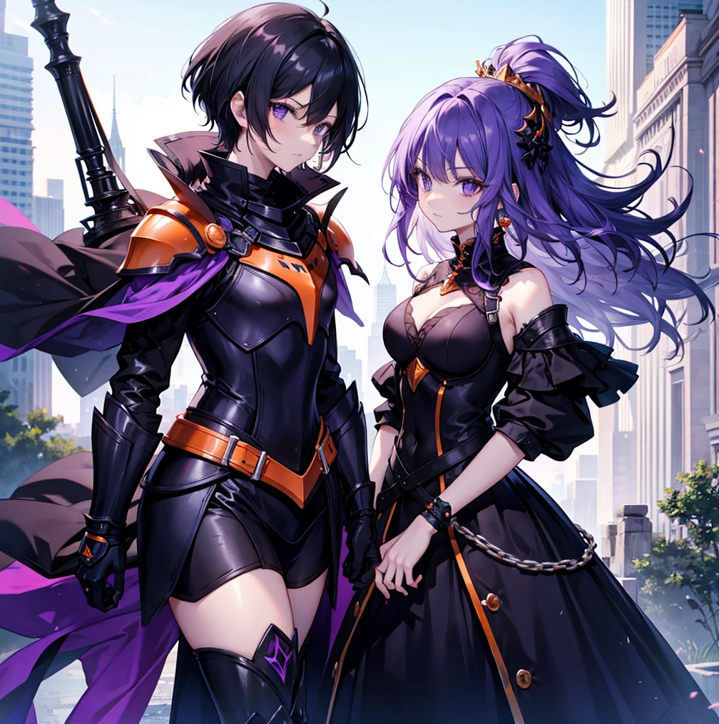 orange armor knight + black hair, purple witch + white hair, Flirt with each other