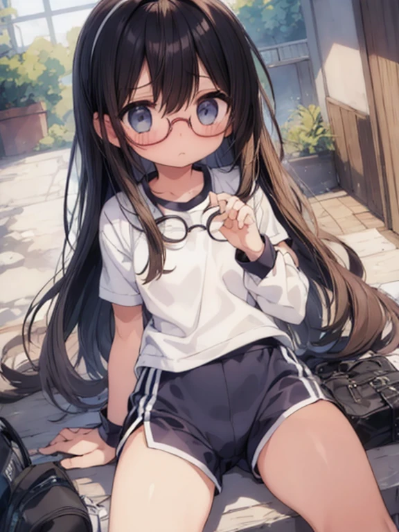 (big round glasses:1.3)、(Timid girl、blush、Watery eye:1.2)、Long black hair、White short sleeve shirt、Navy blue shorts、Gym suit、 body、Flat body