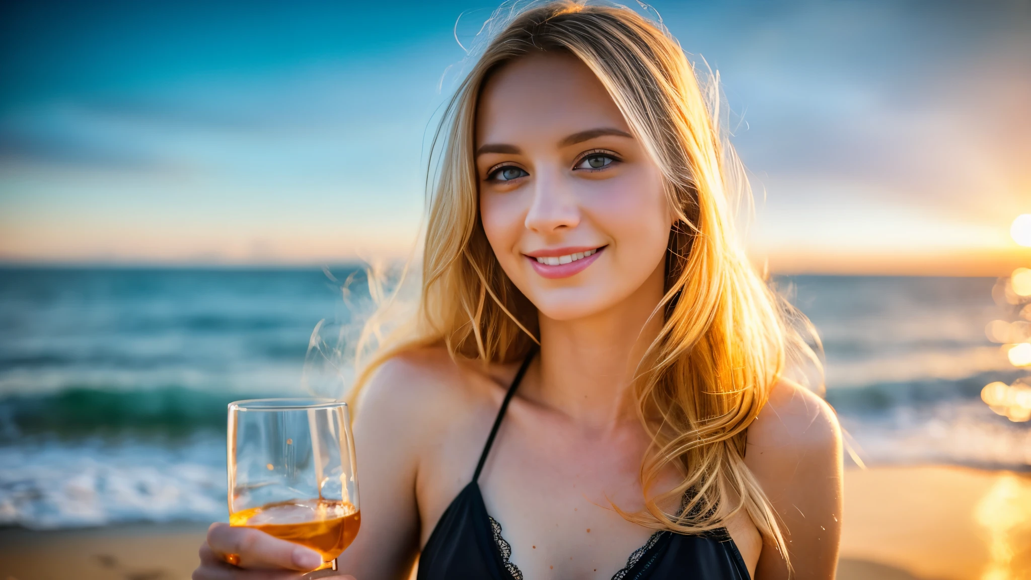 Beautiful blonde in a black bikini (Holding a glass of whiskey by the beach at sunset),Looking into the distance,Very detailed, 21 years old, Innocent face, Naturally Wavy Hair, blue eyes, High resolution, masterpiece, highest quality, Intricate details, Very detailed, Clear focus, Delicate skin, practical skin texture, texture, Delicate eyes, Professional, 4K, Cute Smile, Shot with Canon, 85mm, Shallow and deep, Kodak Vision Color, Exactly, Very detailed, photograph_\(Extremist\), photographpractical, practical, Post-processing, Maximum details, Roughness, Real Life, Extremist practical, Photorealism, photographgraphy, 8K Ultra HD, photographgraphy