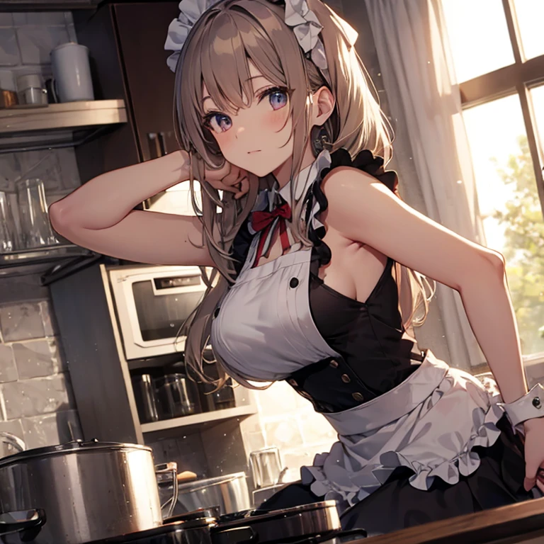 A maids, (in kitchen), various hair styles, night, details face, short skirt, seducing, sleeveless, maid uniform, armpits
