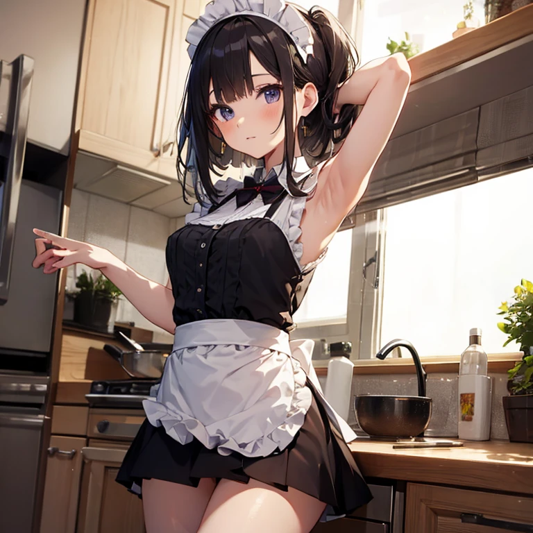 A maids, (in kitchen), various hair styles, night, details face, short skirt, seducing, sleeveless, maid uniform, armpits