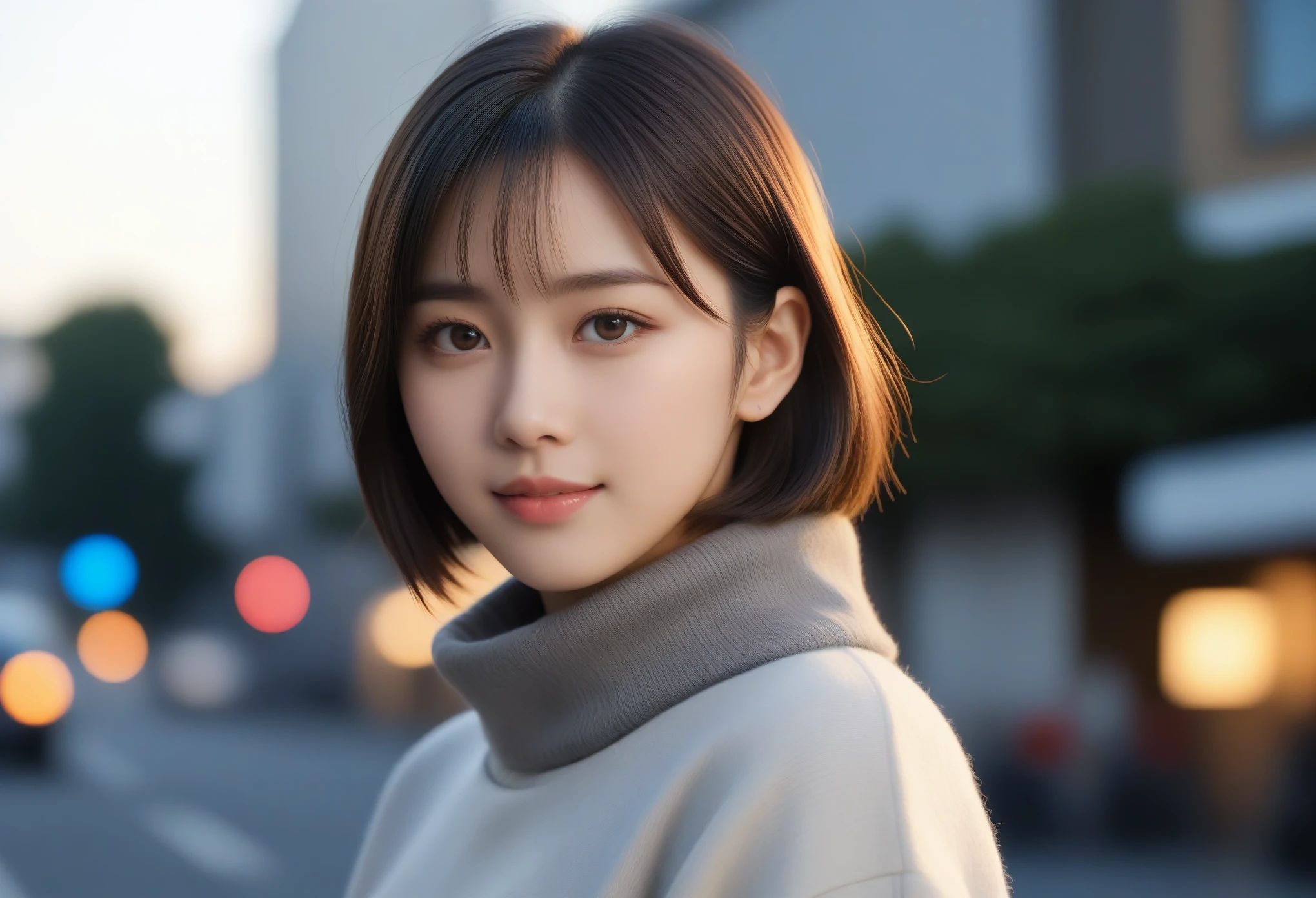 8k, Ultra-high resolution, highest quality, masterpiece, Surreal, photograph, 1 girl, (:1.3), cute girl, cute face, Beautiful eyes in every detail, masterpiece, highest quality, (highest quality,masterpiece:1.3,Ultra-high resolution),(Very detailed,Caustics,8k),(Realistic:1.4,RAW shooting),At dusk,sunset,Warm Light,Backlight,Backlight,wonderful,Lens flare,street,24-years-old,cute,Japanese,Short black hair,The best smile,big ,down coat,Turtleneck sweater,Long skirt,Low position,Low - Angle,Blur the background,Natural light , (((whole body))),、super cute super model、Look closely at the camera 、wonderful details、detailed、Surreal、Light and shadow,Strong light,Fashion magazine cover,Thin lips