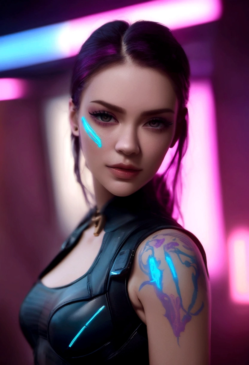 Image Designer "cyberpunk & realista". Futuristic depiction of psylocke, x-men, with an energy purple blade glowing from her fist. Embrace cyberpunk aesthetics with neon lights and bright tattoos, maintaining the realistic representation of its characteristics. "the lighting" Dynamic neon lighting with natural light sources to highlight tattoos and cyberpunk prosthetics, Mantener sombras y luces realistas. "Camera positioning" Off-centre and close-up camera positioning, Capture dynamic poses to show cyberpunk tattoos and high-tech prosthetics in detail. "Paleta de colores" Cyberpunk-inspired color palette with neon tones like electric blue, rosa fluorescente, y verde brillante, complemented with realistic skin tones and metallic details for advanced technology rendering.