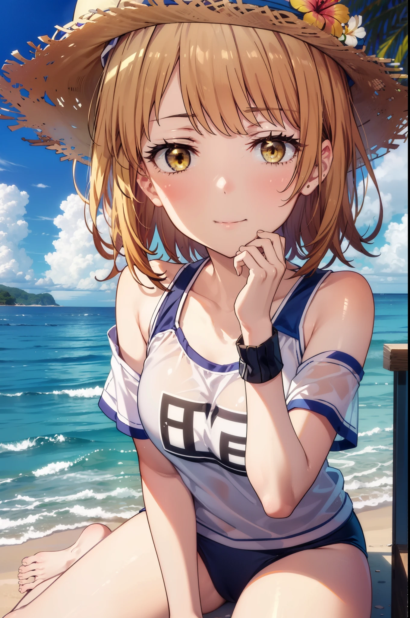 irohaisshiki, iroha isshiki, short hair, Brown Hair, (Brown eyes:1.5), smile,Yellow bikini swimsuit,Hibiscus hair accessory,Oversized shoulder t-shirt,barefoot,Big straw hat,Palm tree,Clear skies,whole bodyがイラストに入るように,
break outdoors, Beach,Sandy Beach,
break looking at viewer,whole body,
break (masterpiece:1.2), highest quality, High resolution, unity 8k wallpaper, (figure:0.8), (Beautiful fine details:1.6), Highly detailed face, Perfect lighting, Highly detailed CG, (Perfect hands, Perfect Anatomy),