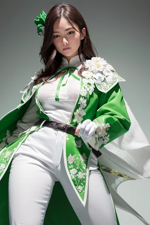 A female knight with a sword in her right hand,He is wearing a white floral suit and fitted white pants.,She is wearing a green floral vest, Expose your belly a little.,I have gloves on my arms。She is wearing a green floral cloak, Green belt and white high heels,Wearing a white hat covering one eye