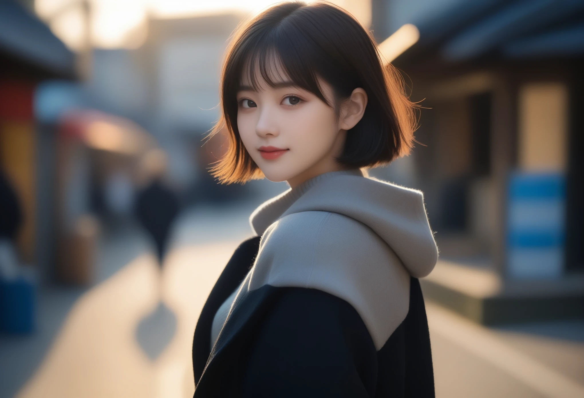 8k, Ultra-high resolution, highest quality, masterpiece, Surreal, photograph, 1 girl, (:1.3), cute girl, cute face, Beautiful eyes in every detail, masterpiece, highest quality, (highest quality,masterpiece:1.3,Ultra-high resolution),(Very detailed,Caustics,8k),(Realistic:1.4,RAW shooting),At dusk,sunset,Warm Light,Backlight,Backlight,wonderful,Lens flare,street,24-years-old,cute,Japanese,Short black hair,The best smile,big ,down coat,Turtleneck sweater,Long skirt,Low position,Low - Angle,Blur the background,Natural light , (((whole body))),、super cute super model、Look closely at the camera 、wonderful details、detailed、Surreal、Light and shadow,Strong light,Fashion magazine cover,Thin lips