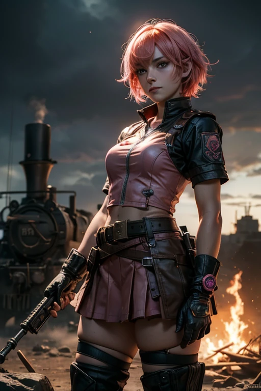 1girl,cowboy shot, beautiful nora_valkyrie, looking at viewer, smile, short hair, blue eyes,heart design on t-shirt, gloves, jacket, pink skirt, pink belt, short sleeves, puffy sleeves, single armband, fingerless gloves, short hair, orange hair, pink gloves, dynamic pose, night, lightning, standing near old steam train, rain, post-apocalypse, dystopian future, crowd, (crowd in military uniforms), bonfires, (volumetric lighting), best quality, masterpiece, intricate details, tonemapping, sharp focus, hyper detailed, trending on Artstation,