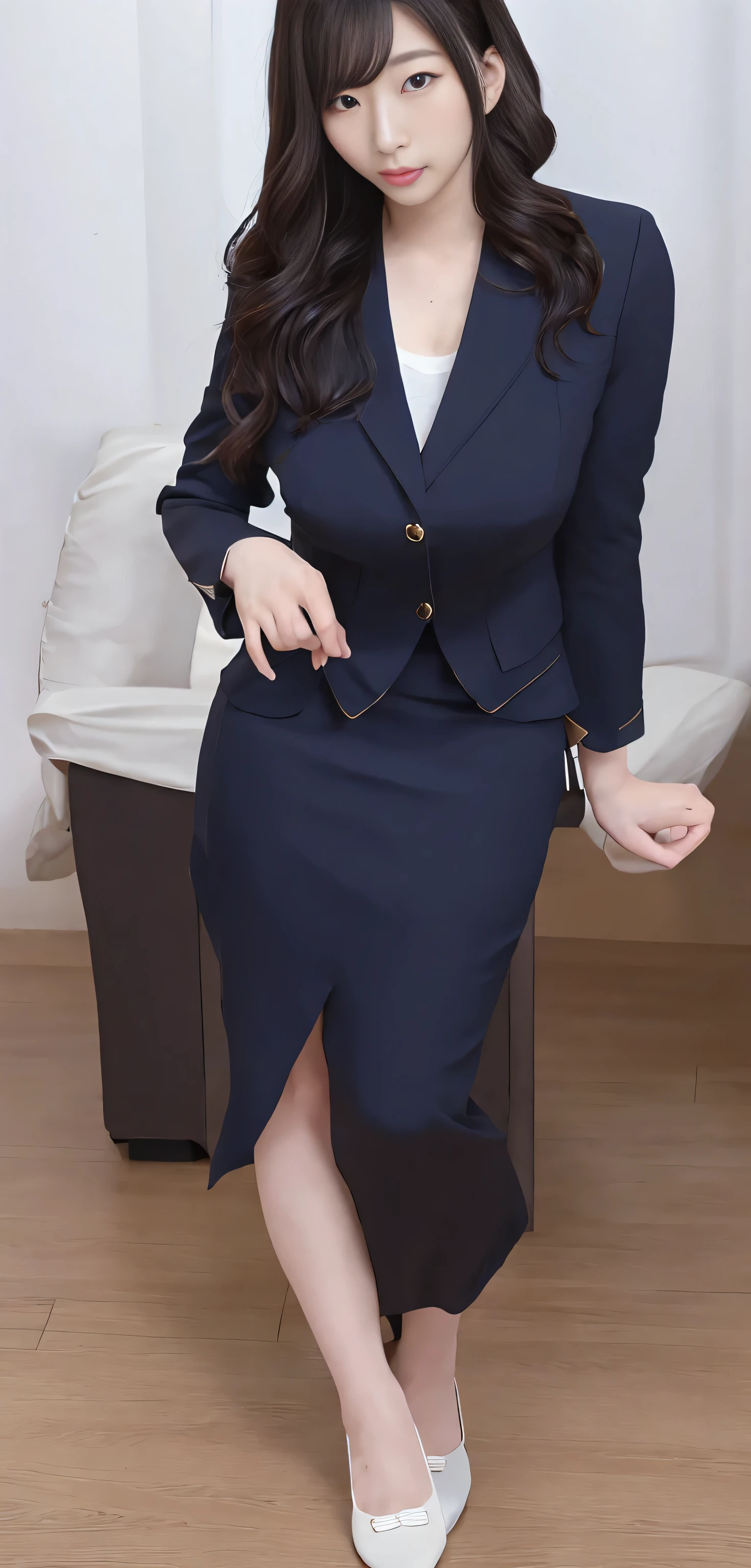 ((high resolution, 最high resolution, 8k, RAW images))Japanese ID, Mature Woman, Wavy black hair with no bangs, Long Hair:1.65, Flashy makeup, Fuller lips, Sexy Gaze, Cute Uniform, looking at the camera, Low angle shooting, Cute duck lips,((Very accurate and correct anatomy)), (masterpiece:1.45), Perfectly balanced body, Realistic photos, Full Shot, whole body, ((height: 148cm)), High heels, loafers, (2 Foot, Two Arms), ((Panty shot)),Big Breasts:1.95, Porn video shooting