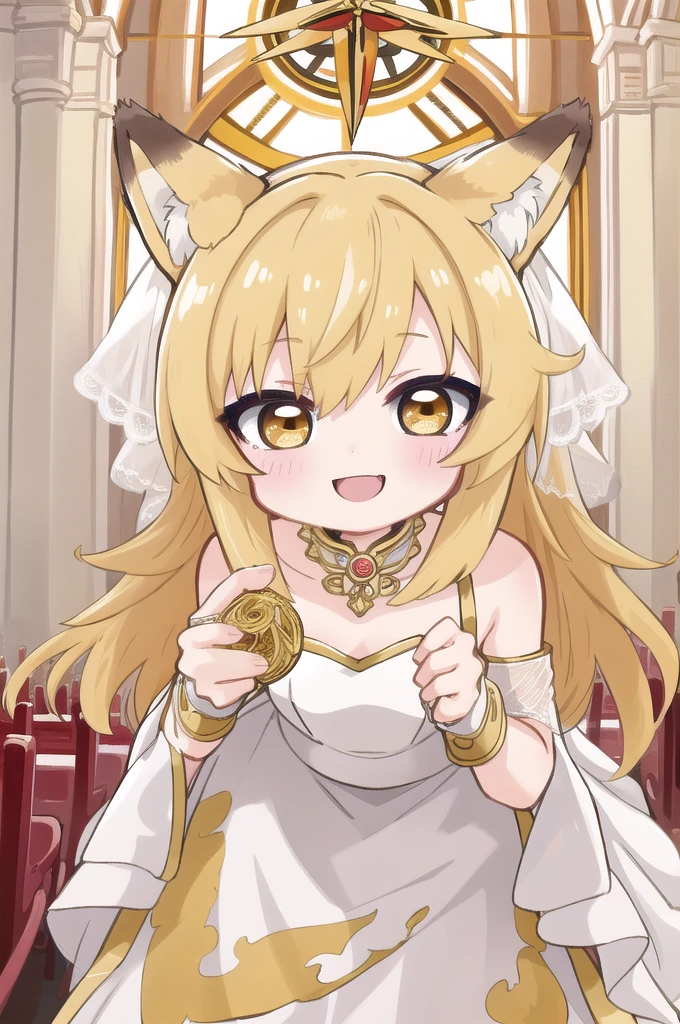 masterpiece, best quality, highly detailed, Chibi Character, cute,Girl,Fox ears,Blonde,Golden Eyes,1girl, solo, Fox Girl,Gorgeous pure white wedding dress,The best smile,church