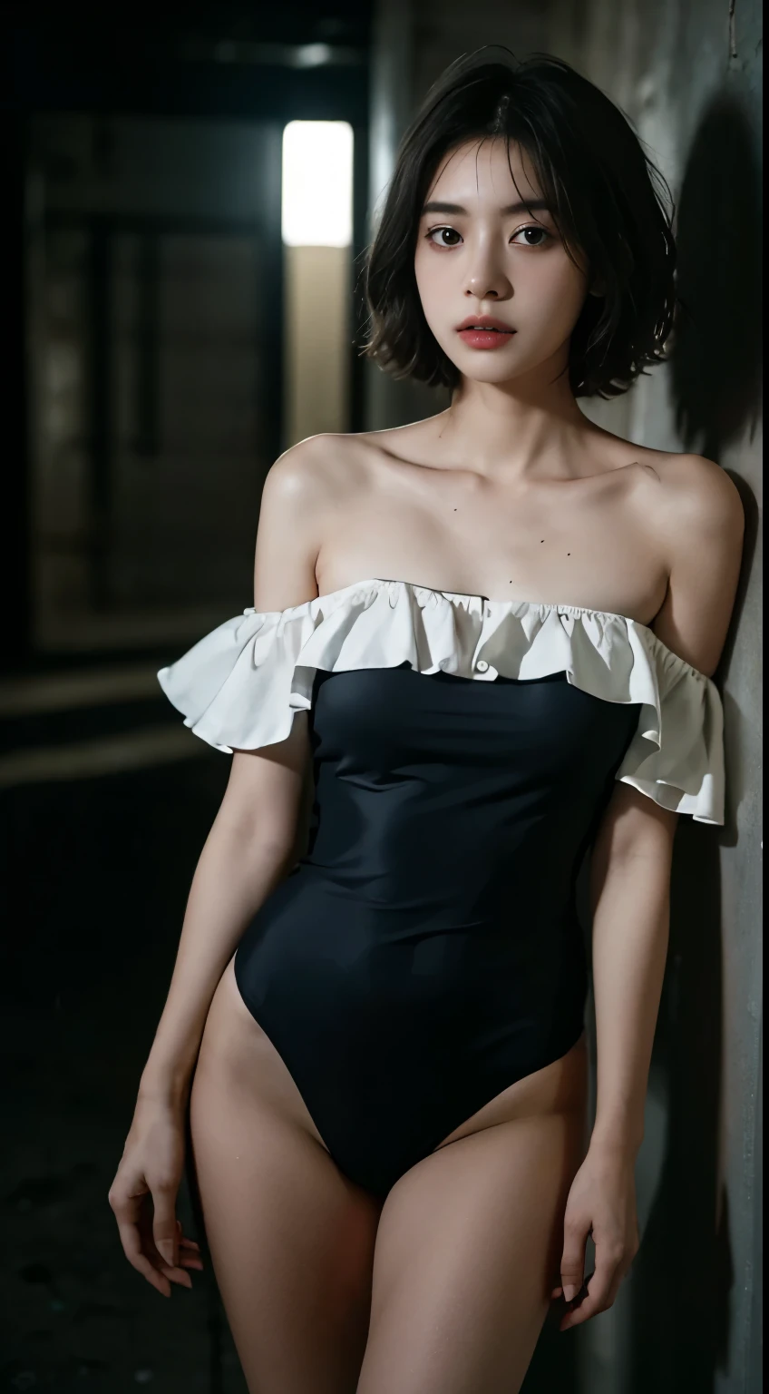 best quality, masterpiece, Ultra-high resolution, (Reality:1.5), RAW photos, 1 Girl, Off-shoulder, in the darkness, Deep Shadows, Low profile, Cold Light, Sexy look, short hair, swimsuit