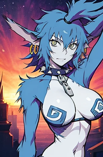 Wolfie, solo, girl1, looking at viewer, smile, leather pant, spiral chest, breast, standing, detailed eyes, detailed face, long ears, earrings, spike caller, sharp teeth, furry shoulders, furry arms, best quality, perfect quality, masterpiece