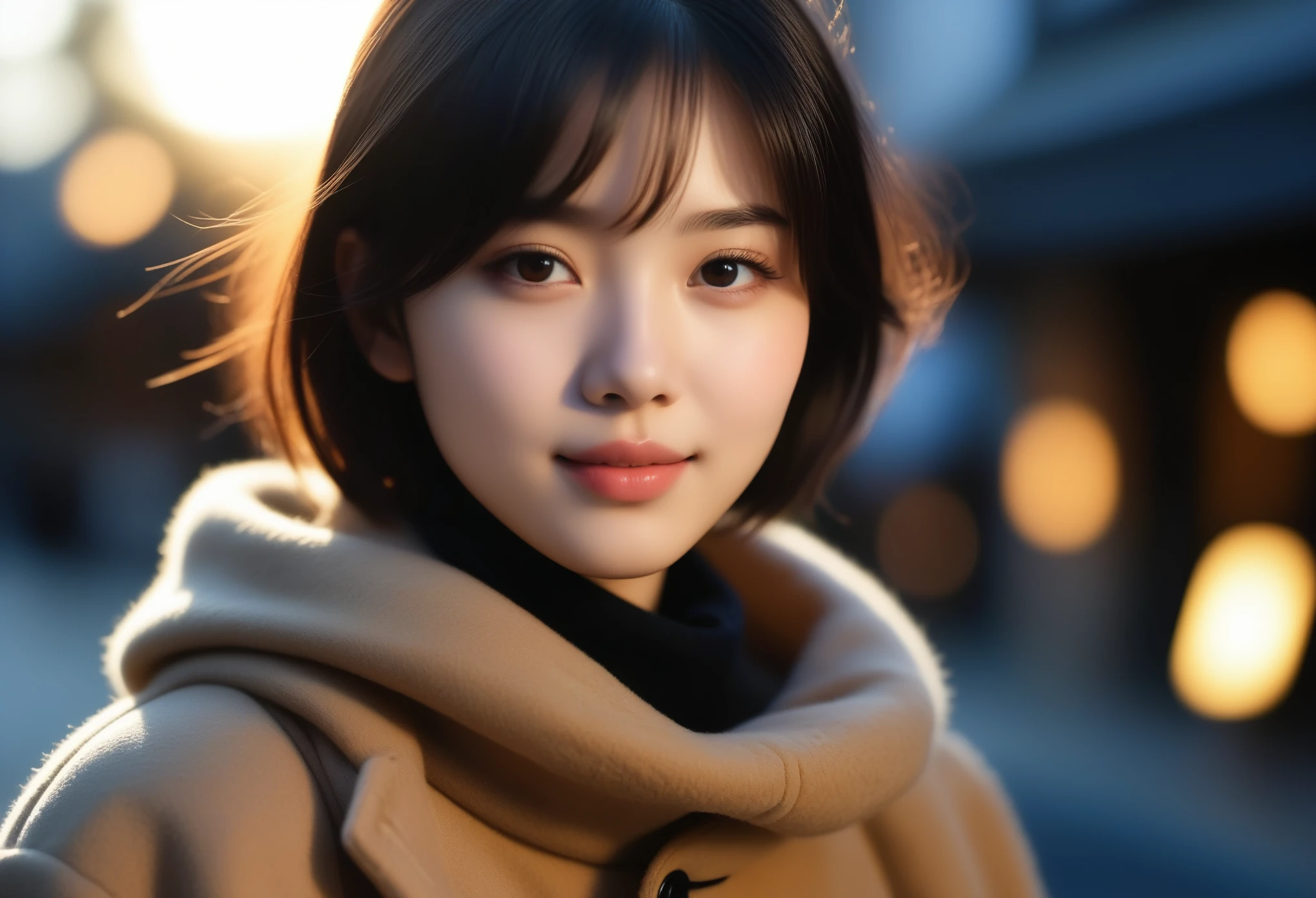 8k, Ultra-high resolution, highest quality, masterpiece, Surreal, photograph, 1 girl, (:1.3), cute girl, cute face, Beautiful eyes in every detail, masterpiece, highest quality, (highest quality,masterpiece:1.3,Ultra-high resolution),(Very detailed,Caustics,8k),(Realistic:1.4,RAW shooting),At dusk,sunset,Warm Light,Backlight,Backlight,wonderful,Lens flare,street,24-years-old,cute,Japanese,Short black hair,The best smile,big ,down coat,Turtleneck sweater,Long skirt,Low position,Low - Angle,Blur the background,Natural light , (((whole body))),、super cute super model、Look closely at the camera 、wonderful details、detailed、Surreal、Light and shadow,Strong light,Fashion magazine cover,Thin lips