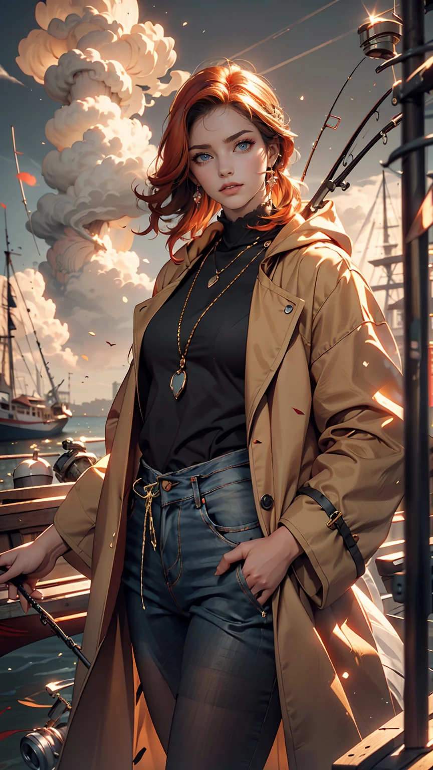 (masterpiece:1.2), highest quality, Beautiful female fisherman photo, Redhead, 40 years old, Wearing a yellow raincoat, (On a fishing boat:1.3), Dark Clouds, PhotoRealistic, HyperRealistic, Ultra-detailed, Analog Style, bent at the waist, Modest, Low Cut, Detailed skin, Matte skin, Soft lighting, Scattered beneath the surface, Realistic, Dark Shadows, masterpiece, highest quality, ultra Realistic, 8k, Golden Ratio, complicated, High detail, Film Photography, Soft Focus
