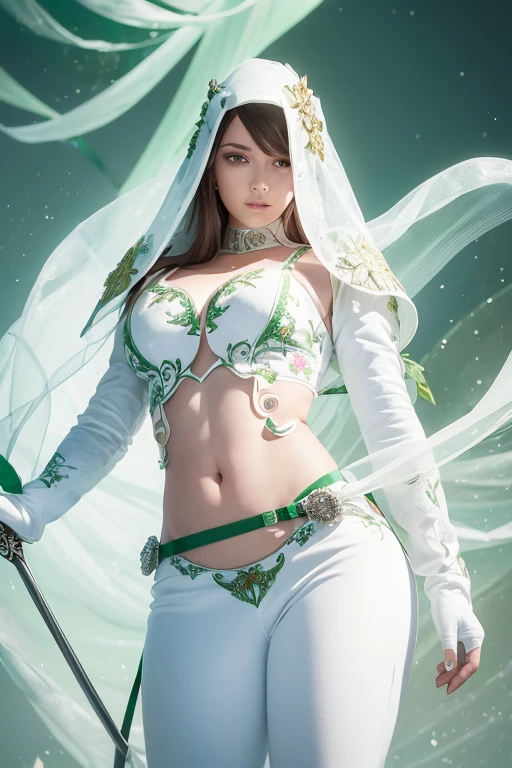 A female knight with a sword in her right hand,He is wearing a white floral suit and fitted white pants.,She is wearing a green floral vest, Her belly is slightly exposed and she has gloves on her arms.,She is wearing a green floral cloak, Green belt and white high heels,Wearing a white hat covering one eye