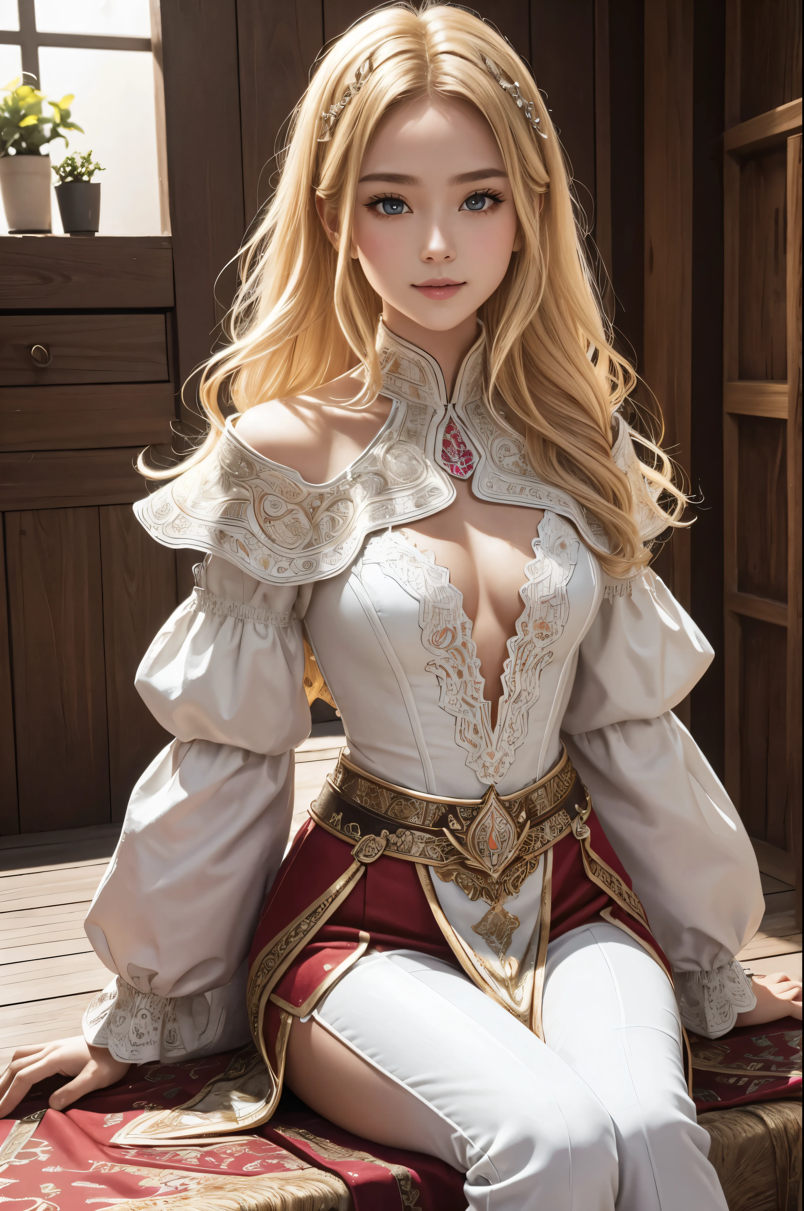8K,(Hidden Shot:1.1)Princess whole body,sexy princess armor(absurd、High resolution、Ultra Detailed)、A woman's entire body、Super beautiful(Just like the real thing),Red and White Princess Breastplate、Red and white pants and leggings、big、Princess in gorgeous armor、Blonde Short Bob、Skinny Giant、blue eyes、Long sleeve、Delicate eyes and delicate face、Intricate detailsREAKモザイクアート、Small、Colored tickets、complex patterns、tile design、Durable surface、Old-fashioned techniquesBREAK Macro photography、Extreme close-up、Intricate details、放big的纹理、Amazing clarity、Hidden beauty、Disruption of immersive perspective、handmade creation、Handmade products、unique design、Intricate details、Creative Expression、exquisite craftsmanship、English garden、a smile、Armor details,超High resolution,surreal,Women who have done these things,Real skin,