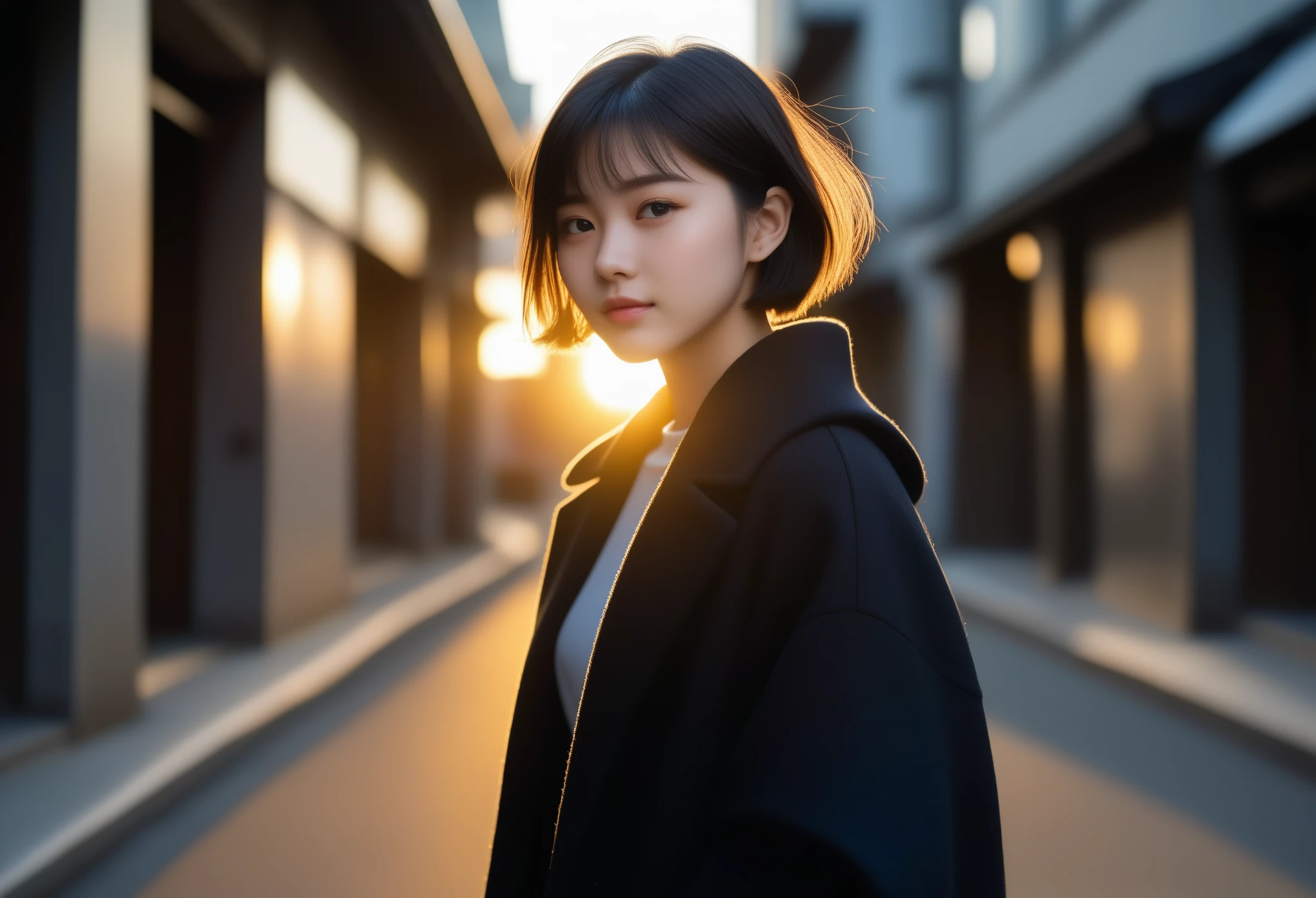 8k, Ultra-high resolution, highest quality, masterpiece, Surreal, photograph, 1 girl, (:1.3), cute girl, cute face, Beautiful eyes in every detail, masterpiece, highest quality, (highest quality,masterpiece:1.3,Ultra-high resolution),(Very detailed,Caustics,8k),(Realistic:1.4,RAW shooting),At dusk,sunset,Warm Light,Backlight,Backlight,wonderful,Lens flare,street,24-years-old,cute,Japanese,Short black hair,The best smile,big ,down coat,Turtleneck sweater,Long skirt,Low position,Low - Angle,Blur the background,Natural light , (((whole body))),、super cute super model、Look closely at the camera 、wonderful details、detailed、Surreal、Light and shadow,Strong light,Fashion magazine cover,Thin lips