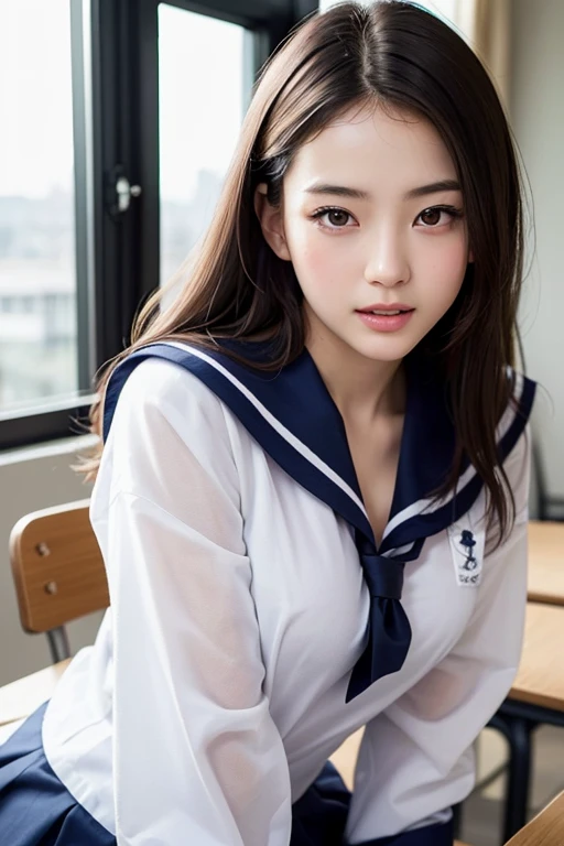 (masterpiece:1.3)、Super detailed finish、(High resolution、8k:1.3)、(highest quality、Super realistic like a photo:1.5)、professional lighting, sharp focus, ultra high definition face、Face is in focus、Ultra high definition and beautiful eyes、Eyes are symmetrical:1.3、High-definition and beautiful skin、firm skin、Ultra high definition hair texture、close up on face、high school girl、、(sailor suit:1.3)、(sexy pose, dynamic pose:1.2), cleavage:1.2、extra detailed sheer bra, by the classroom window、Very cute、very cute、natural make, glossy lips、I'm embarrassed by people staring at me、(Strange look), anxious look、blush:1.3, (embarrassed:1.3)、thin necklace、(looking sideways at the camera:1.2)、color々Photos from an angle、Face masks